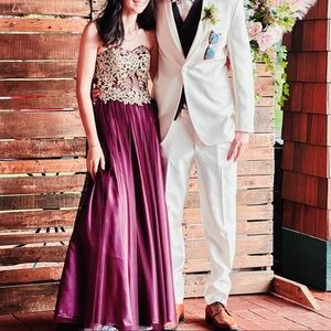 size two purple and gold prom dress